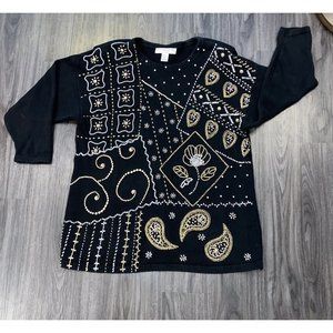 Victoria Jones Black Silver & Gold Beaded Sweater Size 2X Vintage